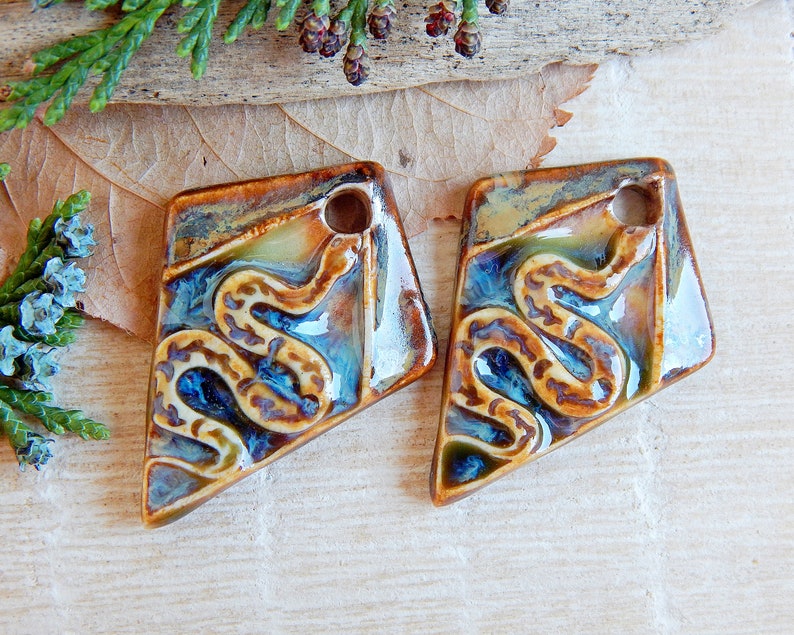 Handmade snake earring charms, 2 pcs Artisan nature ceramic pendants, 1 Hole rhombus shape jewelry supplies, Unique dangle porcelain beads image 1