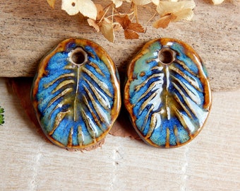 Oval ceramic charms, Artisan leaves pendants, Pair of monstera porcelain charms, Boho components to make earrings, Blue dangle beads