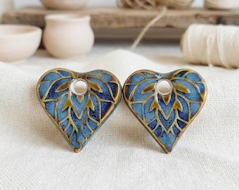 Heart small charms of ceramic, Ceramic bracelet charms, Boho findings for making earrings, Artisan rustic components, Dangle ceramic beads