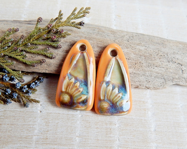 Orange Floral Artisan Ceramic Charms, 2pcs Handcrafted boho long earring findings, Handmade unique porcelain components for making jewelry image 2