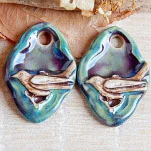 Handmade bird DIY earring charms, Artisan ceramic pendants for jewelry making, 2pcs Handcrafted boho earring findings, Nature animals charms image 5