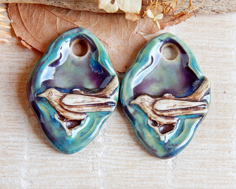 Handmade bird DIY earring charms, Artisan ceramic pendants for jewelry making, 2pcs Handcrafted boho earring findings, Nature animals charms image 5
