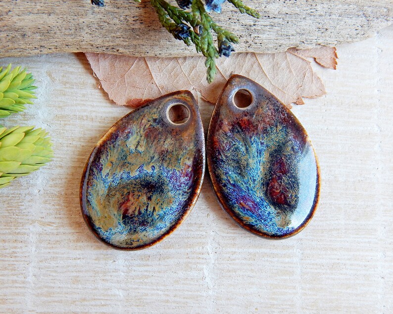 Handmade drop large beads for earrings, 2pcs Boho ceramic pendants, Rustic teardrop necklace charms, Artisan sun findings for making jewelry image 6