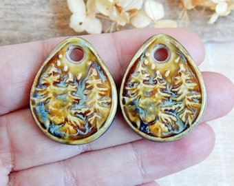 Handmade pine tree charms of ceramic, Forest artisan components for making jewelry, Landscape artisan drop findings, Boho ceramic beads