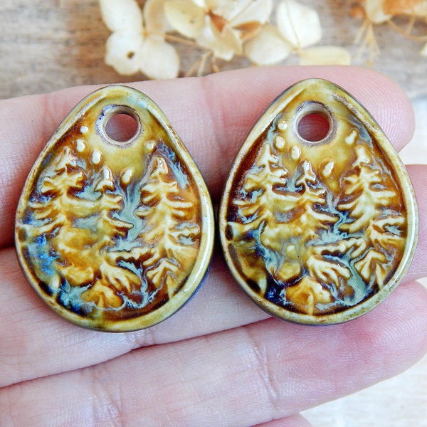 Handmade pine tree charms of ceramic, Forest artisan components for making jewelry, Landscape artisan drop findings, Boho ceramic beads