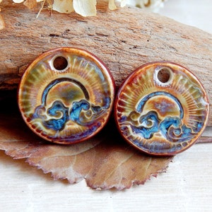 Clouds round earring charms, Pair boho ceramic charms, Artisan circle sun components, Handmade unique findings for making jewelry