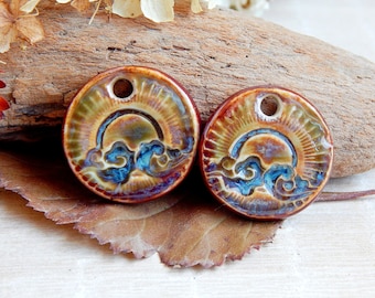 Clouds round earring charms, Pair boho ceramic charms, Artisan circle sun components, Handmade unique findings for making jewelry