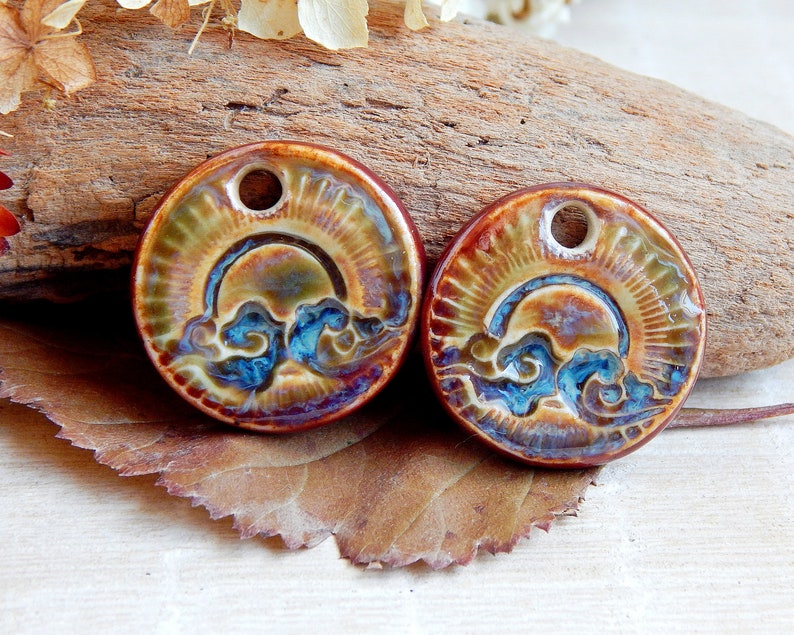 Clouds round earring charms, Pair boho ceramic charms, Artisan circle sun components, Handmade unique findings for making jewelry image 1