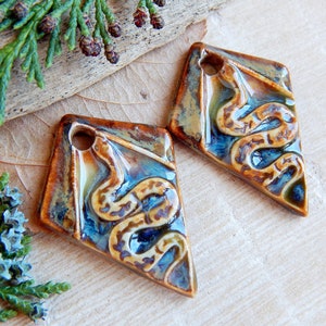 Handmade snake earring charms, 2 pcs Artisan nature ceramic pendants, 1 Hole rhombus shape jewelry supplies, Unique dangle porcelain beads image 3