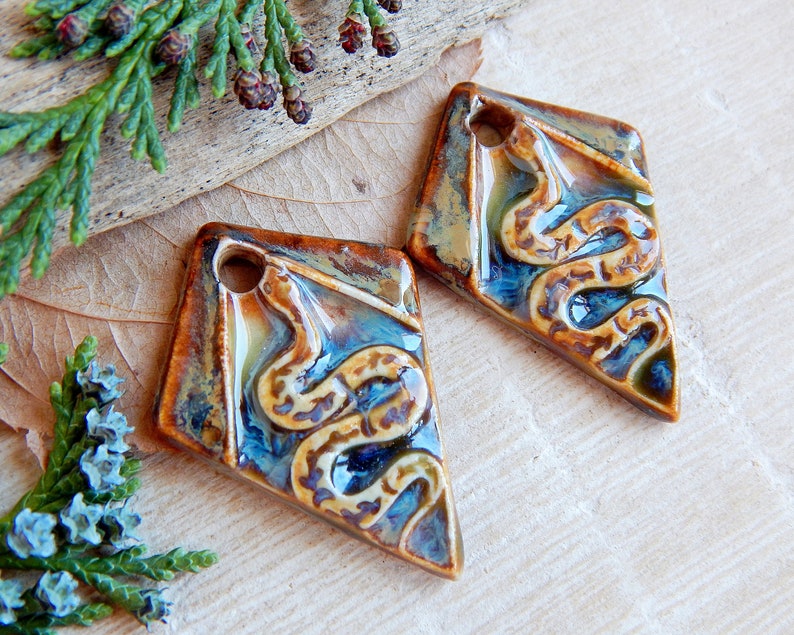 Handmade snake earring charms, 2 pcs Artisan nature ceramic pendants, 1 Hole rhombus shape jewelry supplies, Unique dangle porcelain beads image 3