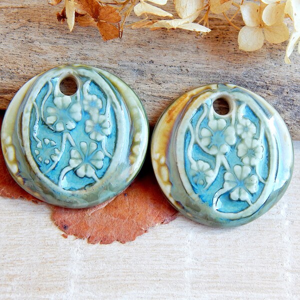 Floral ceramic charms, Artisan porcelain jewelry findings, Boho round components, Nature pendants for jewelry making, Art beads