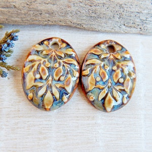 Leaves ceramic earring charms, Artisan branch pendants, Pair of oval porcelain components, Leaf findings to make earrings, Porcelain beads