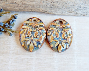 Leaves ceramic earring charms, Artisan branch pendants, Pair of oval porcelain components, Leaf findings to make earrings, Porcelain beads