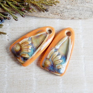 Orange Floral Artisan Ceramic Charms, 2pcs Handcrafted boho long earring findings, Handmade unique porcelain components for making jewelry image 3