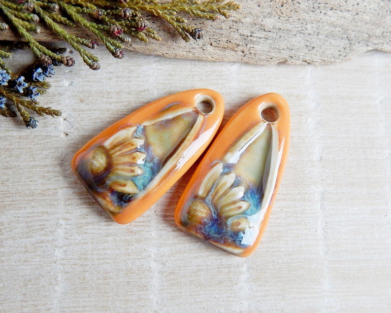Orange Floral Artisan Ceramic Charms, 2pcs Handcrafted boho long earring findings, Handmade unique porcelain components for making jewelry image 3