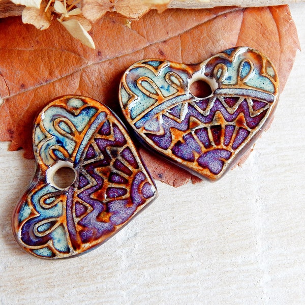 Heart small earring charms of ceramic, Artisan bracelet charms, Boho findings for making jewelry, Handmade rustic components, Ceramic beads