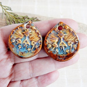Artisan drop mushroom charms, Handmade pair ceramic moon phases findings, Handcrafted unique nature pendant, Porcelain DIY jewelry charms