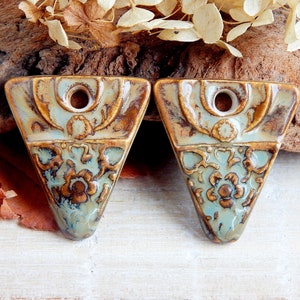 Handmade rustic earring charms of ceramic, 2 Earthy artisan components making jewelry, Floral artisan dangle findings, Boho unique supplies