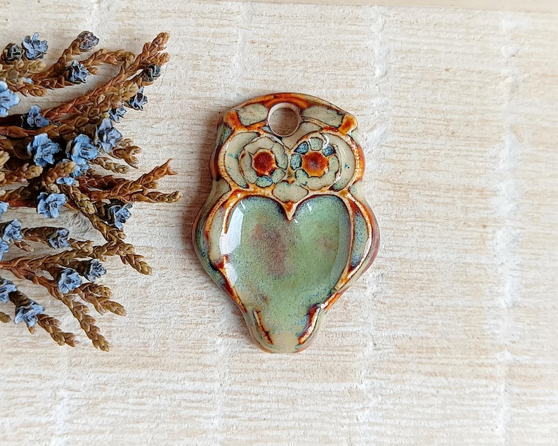 1 Owl ceramic pendant, Artisan barn owl charm for making necklace, Nature boho jewelry findings, Rustic forest animal charm of porcelain image 5