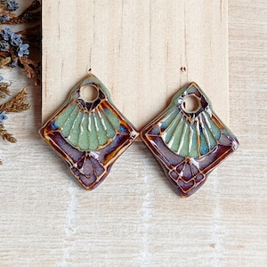 Geometric artisan ceramic charms for earrings, 2pcs Handmade pendants in boho style, Rustic porcelain components for jewelry making