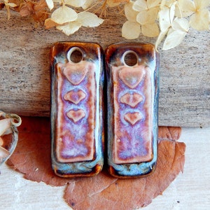Rustic bar ceramic earring charms, Handcrafted heart rectangle components, Artisan boho findings for making jewelry, 2 Handcrafted pendants