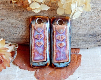 Rustic bar ceramic earring charms, Handcrafted heart rectangle components, Artisan boho findings for making jewelry, 2 Handcrafted pendants