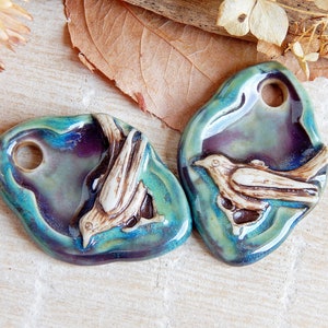 Handmade bird DIY earring charms, Artisan ceramic pendants for jewelry making, 2pcs Handcrafted boho earring findings, Nature animals charms image 3