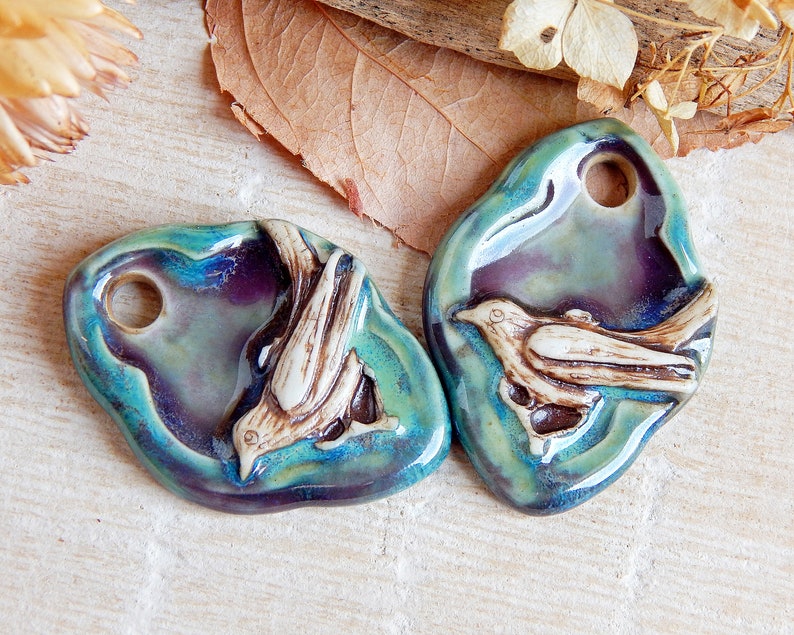 Handmade bird DIY earring charms, Artisan ceramic pendants for jewelry making, 2pcs Handcrafted boho earring findings, Nature animals charms image 3