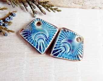 Geometric boho ceramic earring charms, 2 pcs Handcrafted artisan dangle purple pendants, Pair of moon phase components, Ceramic beads