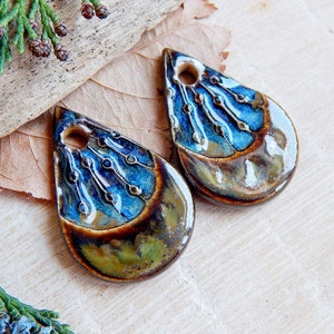 Artisan teardrop charms, 2pcs Rustic ceramic earring pendants, Organic boho components for making jewelry, Handmade dangle art beads image 2