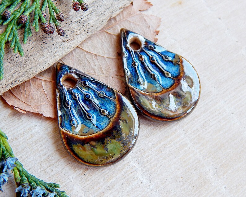 Artisan teardrop charms, 2pcs Rustic ceramic earring pendants, Organic boho components for making jewelry, Handmade dangle art beads image 2