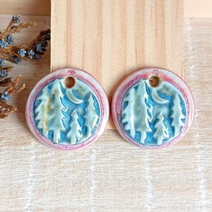 Night landscape ceramic earring charms, 2pcs Handmade pine tree components for jewelry making, Artisan dangle woodland pendants of porcelain