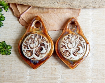 Tree small earring charms, 2pcs Landscape ceramic pendants, Artisan landscape components, Nature drop findings for making jewelry
