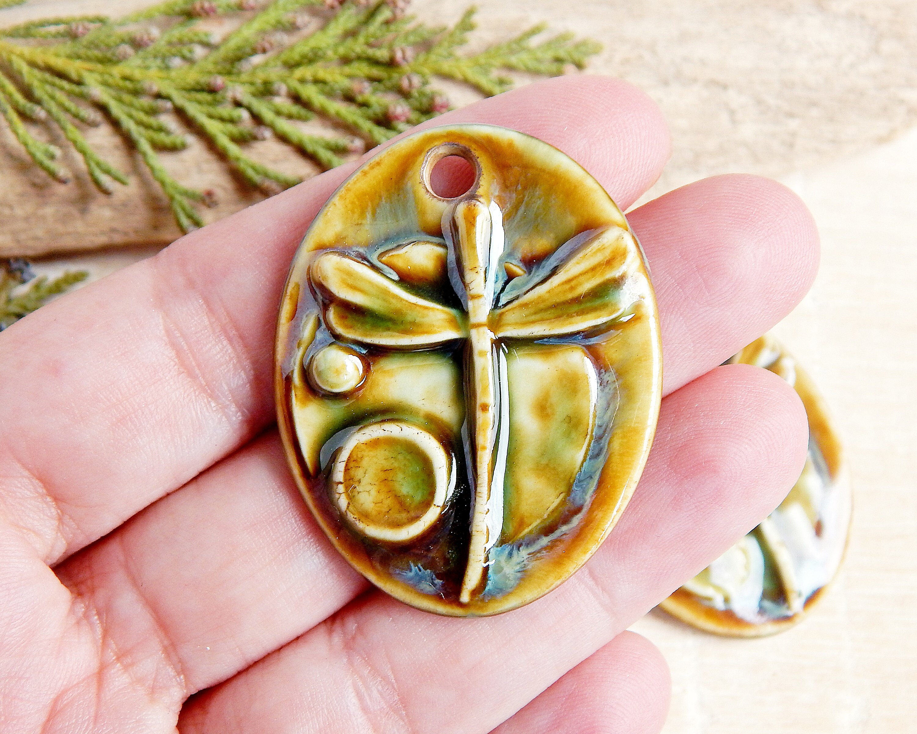Artisan Dragonfly Necklace Pendant, Handmade Nature Ceramic Charm