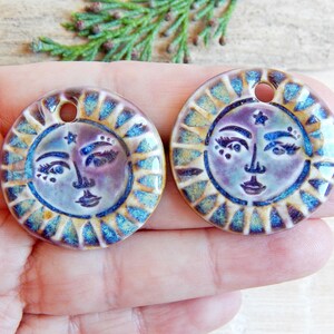 Sun face artisan charms, 2pcs Handmade round ceramic pendants, Celestial unique findings for making jewelry, Sunshine dangle art beads image 5
