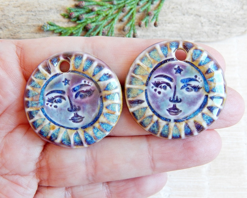 Sun face artisan charms, 2pcs Handmade round ceramic pendants, Celestial unique findings for making jewelry, Sunshine dangle art beads image 5