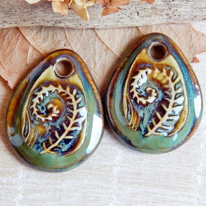 Fern leaf earring charms, Pair of nature ceramic pendants for making jewelry, Handcrafted nature findings, Artisan forest ceramic beads