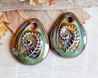 Fern leaf earring charms, Pair of nature ceramic pendants for making jewelry, Handcrafted nature findings, Artisan forest ceramic beads