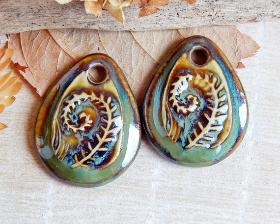 Fern leaf earring charms, Pair of nature ceramic pendants for making jewelry, Handcrafted nature findings, Artisan forest ceramic beads