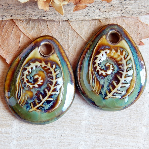 Fern leaf earring charms, Pair of nature ceramic pendants for making jewelry, Handcrafted nature findings, Artisan forest ceramic beads