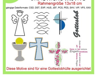 May include: A digital embroidery design set featuring Christian motifs. The designs include a cross, an angel, fish, and a chalice. The designs are 13 inches by 18 inches and are suitable for use with a variety of embroidery machines.