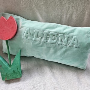 Op de afbeelding: Een lichtblauw kussen met de naam "ALIEN A" geborduurd erop. Naast het kussen ligt een houten tulp met een rode bloem en groene bladeren.