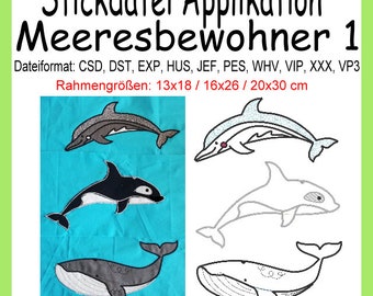 May include: Embroidery designs for a dolphin, orca, and whale. The designs are in black and white and are shown on a blue background. The designs are available in a variety of formats, including CSD, DST, EXP, HUS, JEF, PES, WHV, VIP, XXX, and VP3. The designs are also available in a variety of sizes, including 13x18 inches, 16x26 inches, and 20x30 inches.