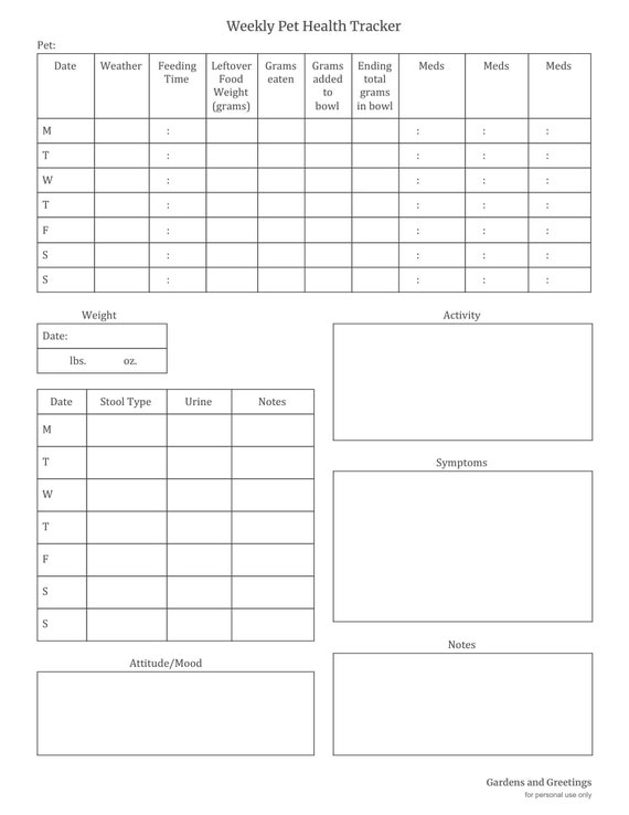Printable Weekly Pet Health Tracker for Tracking Food Weight Etsy