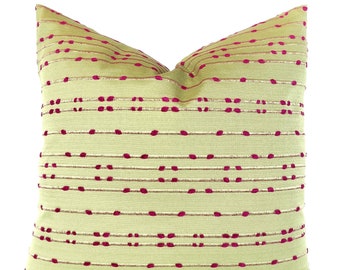 Fresh Spring Green Woven Pillow Cover Shot Through with Vibrant Pink Stripes and Spots - Featured Fabric on BOTH Sides