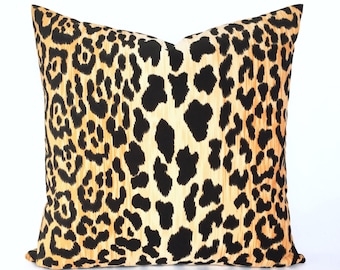 Velvet Leopard Print Pillow Cover in Warm & Luxe Caramel, Gold and Jet Black - Feature Fabric on BOTH Sides