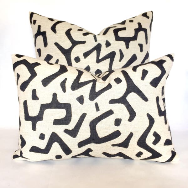 Kuba Cloth Style Pillow Cover Woven in Linen Beige and Ebony Black - Feature Fabric on Both Sides