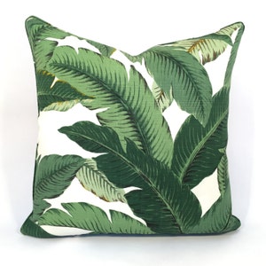 Tropical Palm Leaf Pillow Cover in Rich Greens with Hits of Yellow and Brown, on an Ivory Background Feature Fabric on BOTH Sides image 2