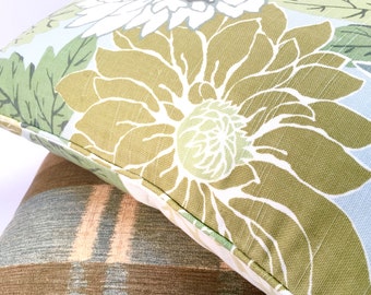 Retro Large-Scale Floral Pillow Cover in Khaki, Sage, White & Slate on a Seafoam Blue Background