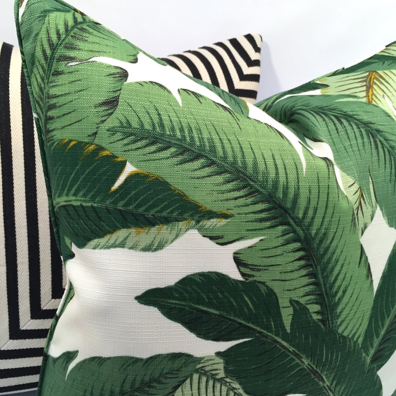 Tropical Palm Leaf Pillow Cover in Rich Greens with Hits of Yellow and Brown, on an Ivory Background Feature Fabric on BOTH Sides image 1